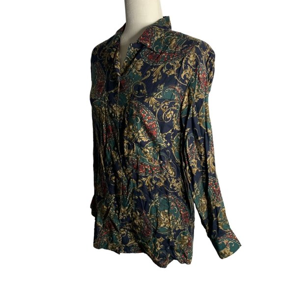 Vintage 90s Button Down Paisley Shirt S Navy Blue Collared Pocket Long Sleeves - Picture 3 of 6